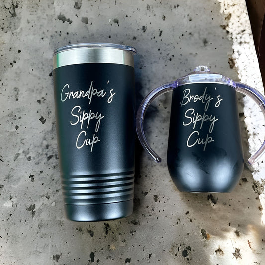 Personalized adult insulated tumbler with matching baby sippy cup set