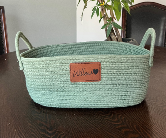Personalized Storage Basket with luxury vegan leather patch