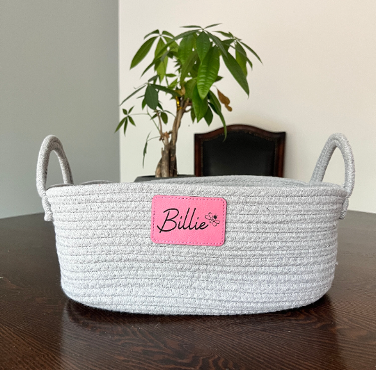 Personalized Storage Basket with luxury vegan leather patch